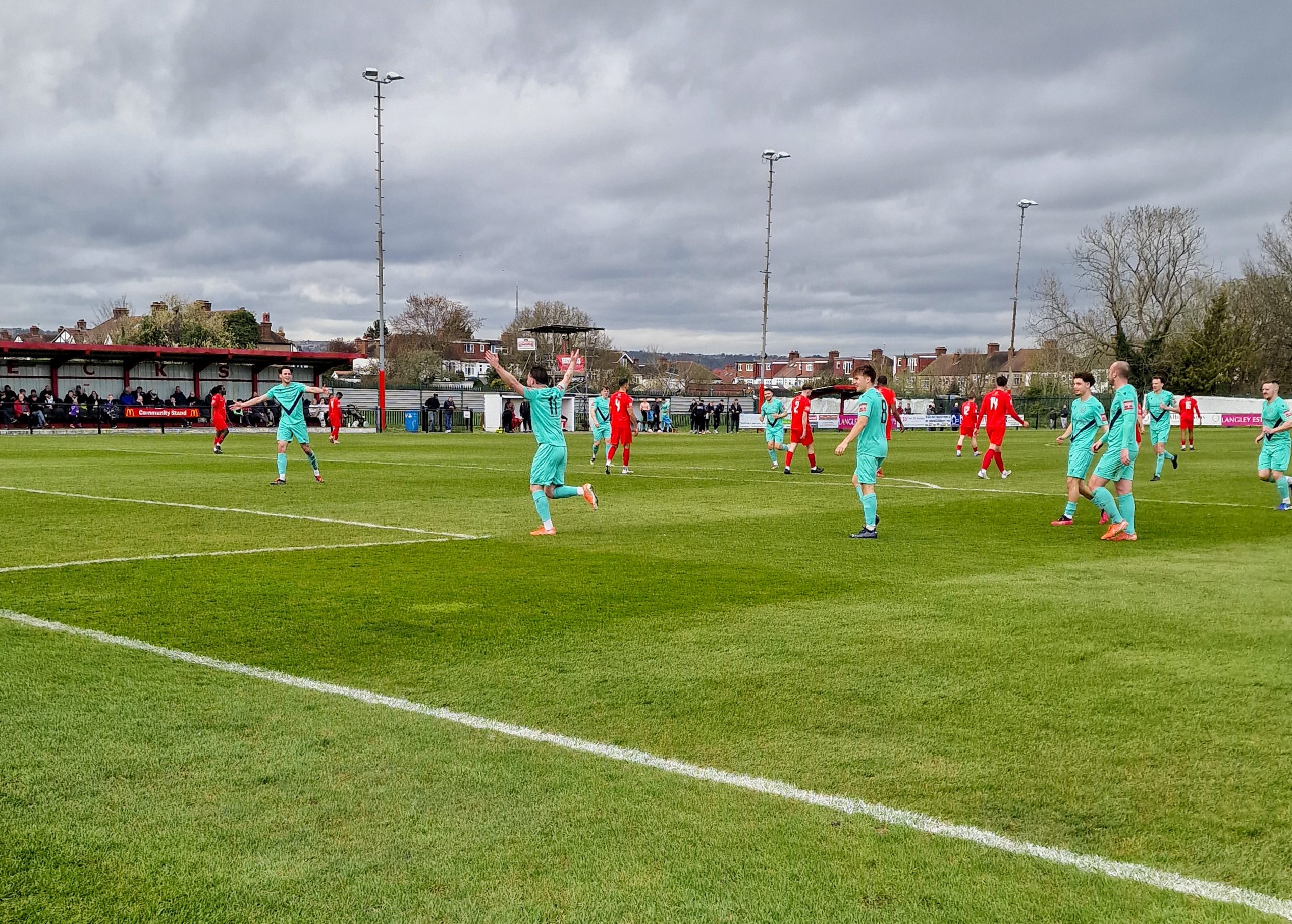Eastbourne Town celebrate one of seven goals away at Beckenham Town